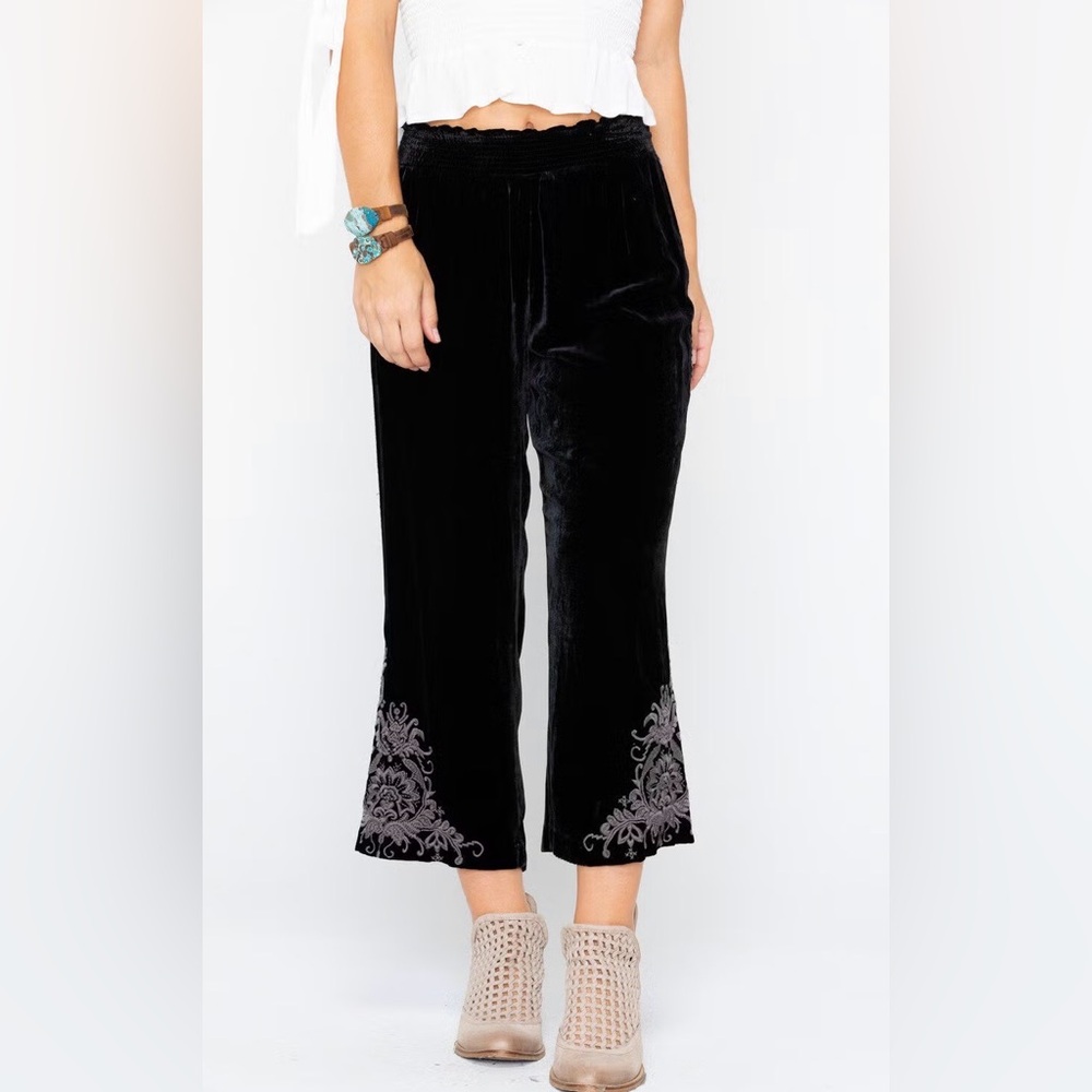 Johnny Was‎ Hirsch Black Velvet Rayon Silk Crop Embroidered Pants S
